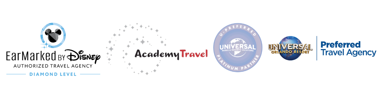 Earmarked by Disney Authorized Travel Agency, Diamond Level · Academy Travel · Universal U-Preferred Platinum Partner · Universal Orlando Resort Preferred Travel Agency
